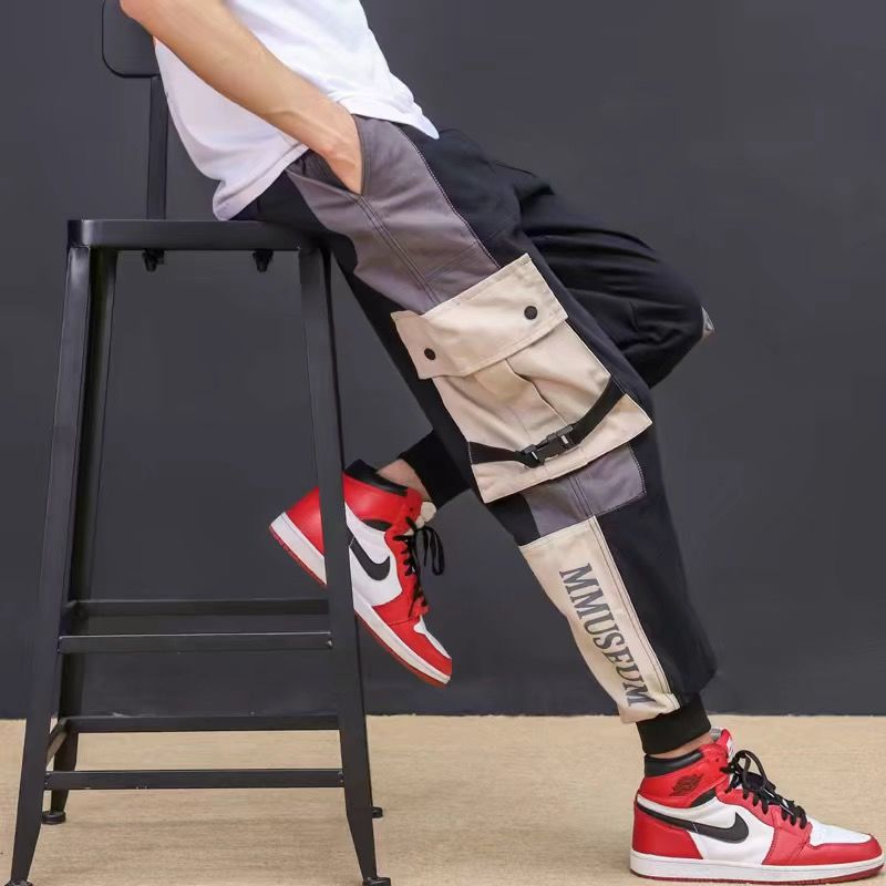 Men's Joggers Cargo Pants Casual Hip Hop Hit Color Pocket Trousers Ribbons Techwear