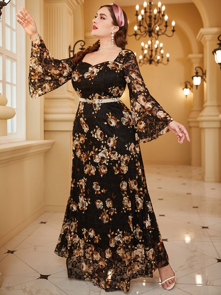 Plus Size Large Maxi Dresses Luxury Chic Elegant Long Sleeve Floral print for Women