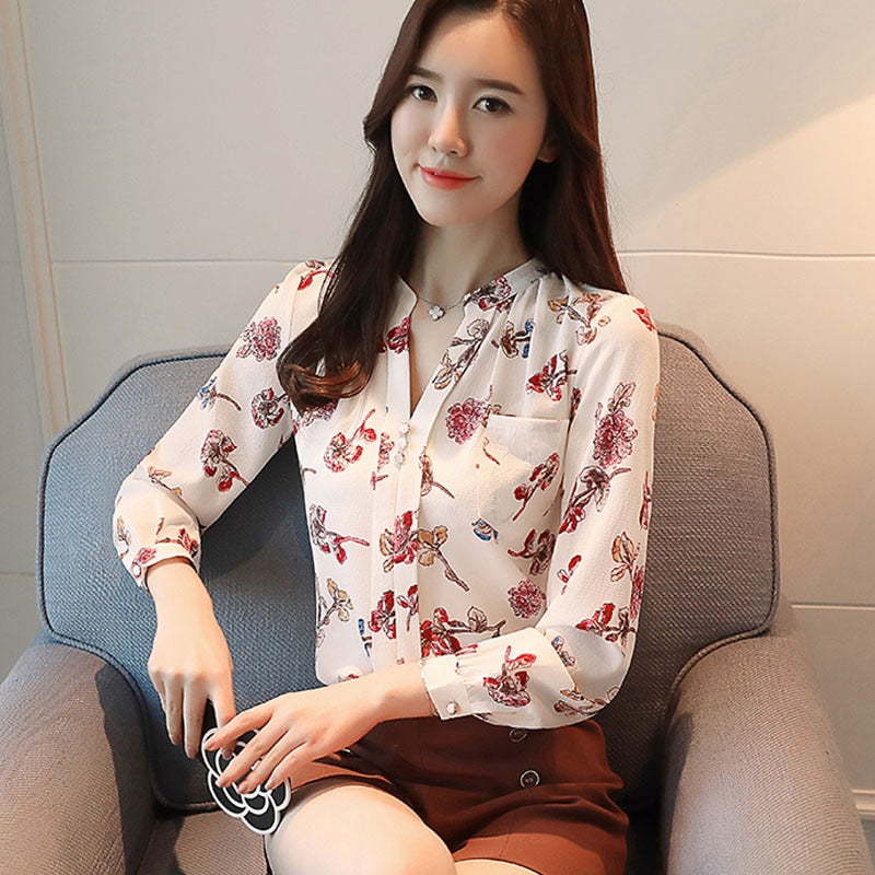 Long Sleeve Chiffon Blouse Print Floral Fashion Shirts for Women