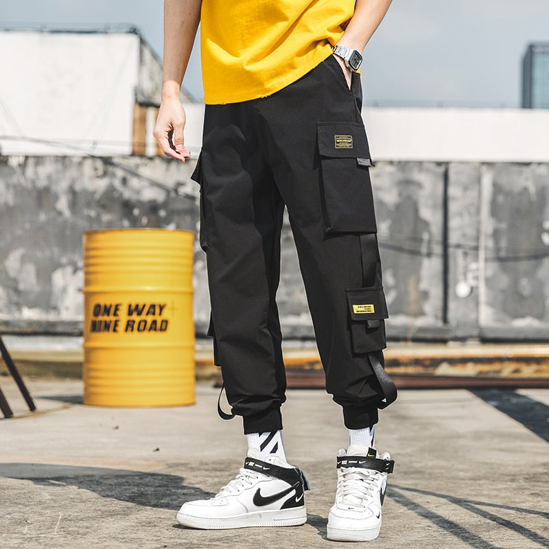 Hip Hop Harem Joggers, Solid Multi-pocket Cargo Sweatpants for Men