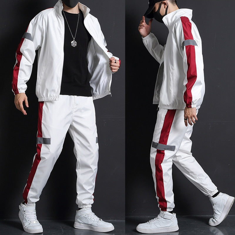 New 2023 Fashion Tracksuit Spring Autumn Reflective Sweatshirt +Sweatpants Tracksuit  for men