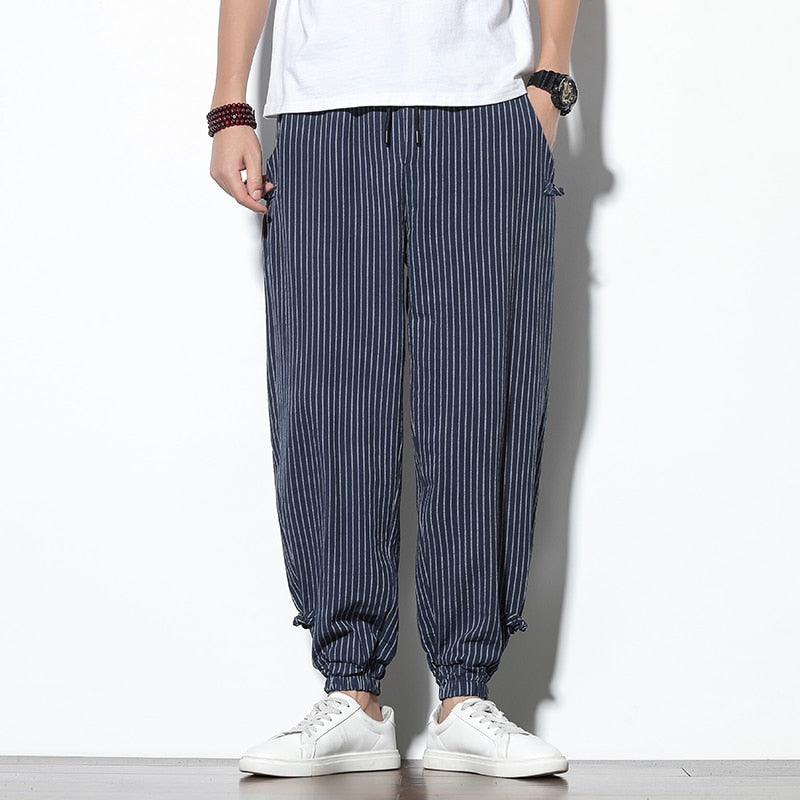 Men's Disc Buckle Striped Harem Breathable Cotton Pencil Pants