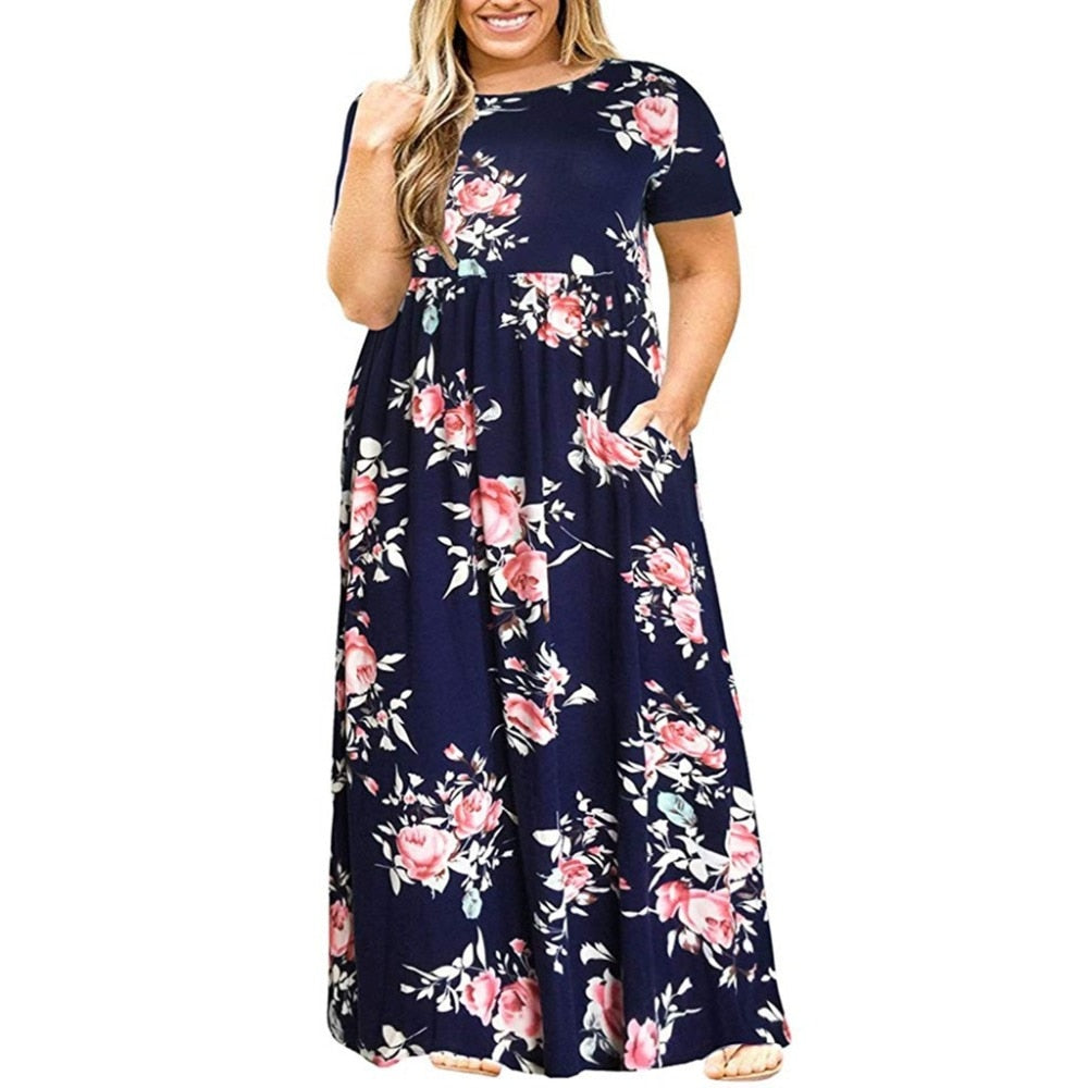 Big size short sleeve print long dress for women