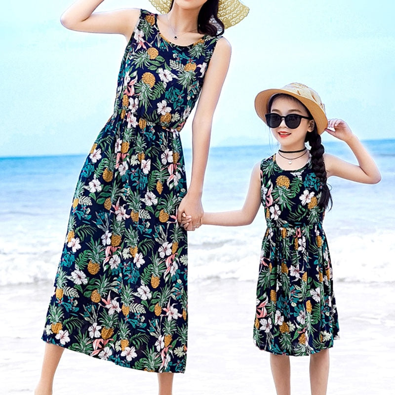 Family Matching Floral Sleeveless Mother Daughter Beach Dress