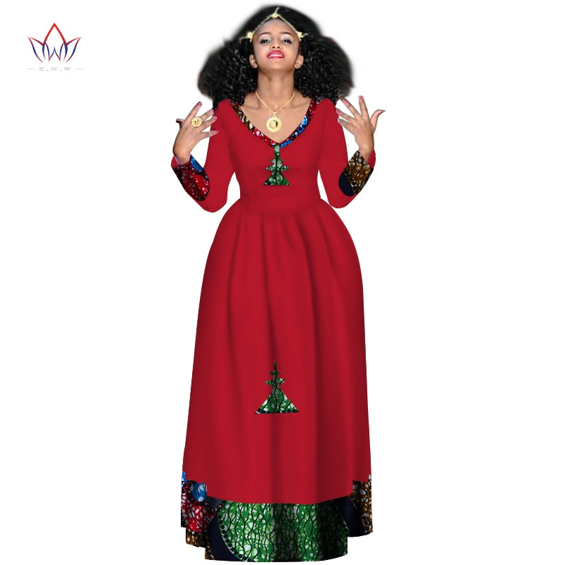 Women Elegant Dress Africa Style Full Sleeve Outfits  V-neck robe Ethiopia Long evening dress