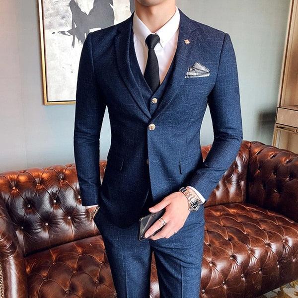 Three pieces set ( Blazer + Vest + Pants ) Elegant Suit  Dark Plaid Classic Retro Men's Formal Business Wedding Dress