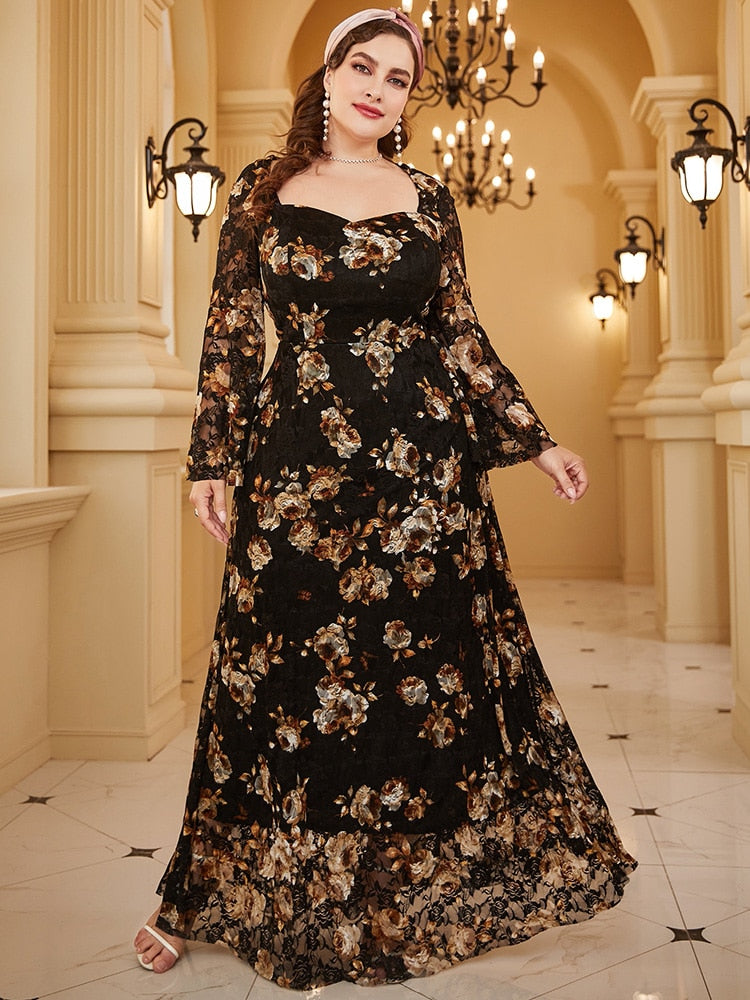 Plus Size Large Maxi Dresses Luxury Chic Elegant Long Sleeve Floral print for Women