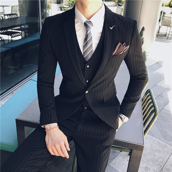 Three pieces set ( Blazer + Vest + Pants ) Elegant Suit  Dark Plaid Classic Retro Men's Formal Business Wedding Dress