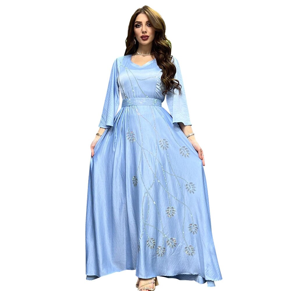 Luxurious Diamonds Women Dubai Abaya Flare Sleeves Leaf Pattern V- Neck  Muslim Fashion Robe Middle East Evening Dress