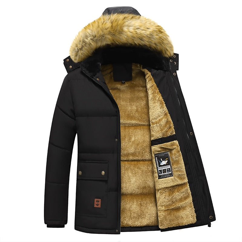 New Men Winter Fleece Lined Thick Warm Hooded Fur Collar Coat for Male