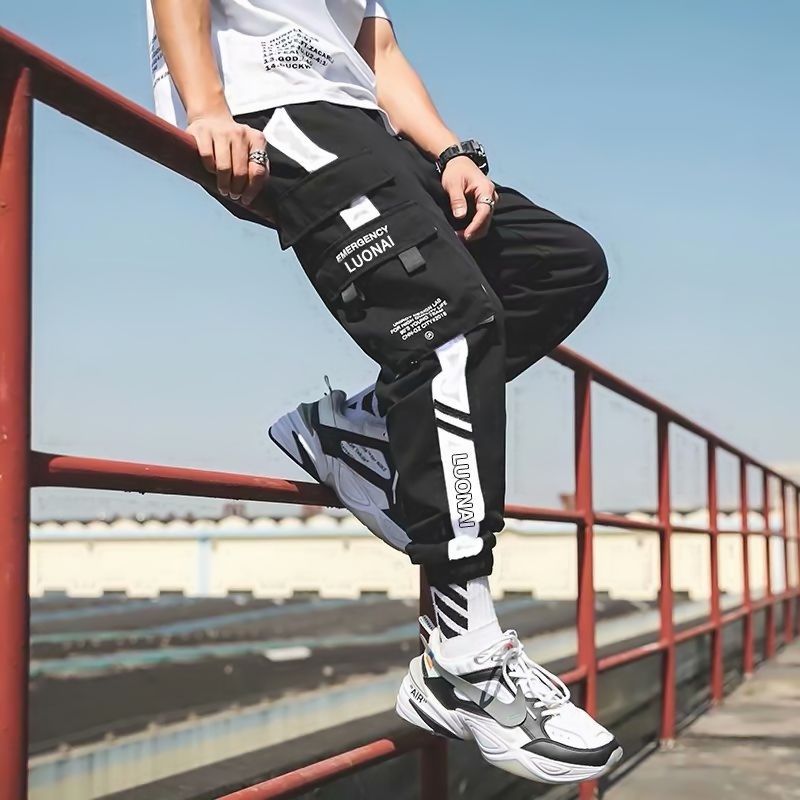 Streetwear Casual  Pants Cotton Harem Ribbons  Patchwork Fashion Ankle Length Jogger Pants For men