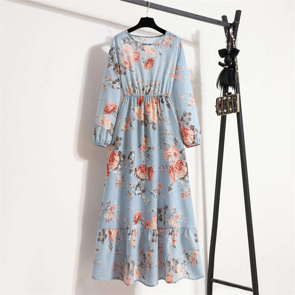 Women Maxi Dresses Casual Full Sleeve Floral Printed O-neck Woman Bohe  Long Dress