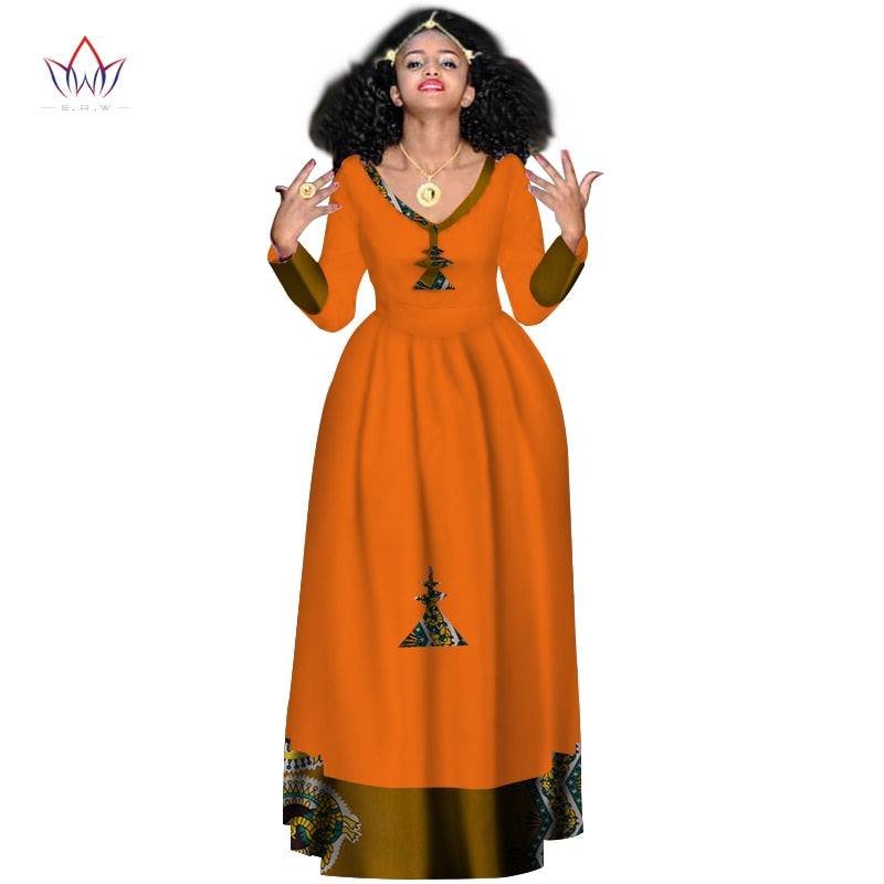 Women Elegant Dress Africa Style Full Sleeve Outfits  V-neck robe Ethiopia Long evening dress