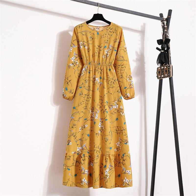 Women Maxi Dresses Casual Full Sleeve Floral Printed O-neck Woman Bohe  Long Dress