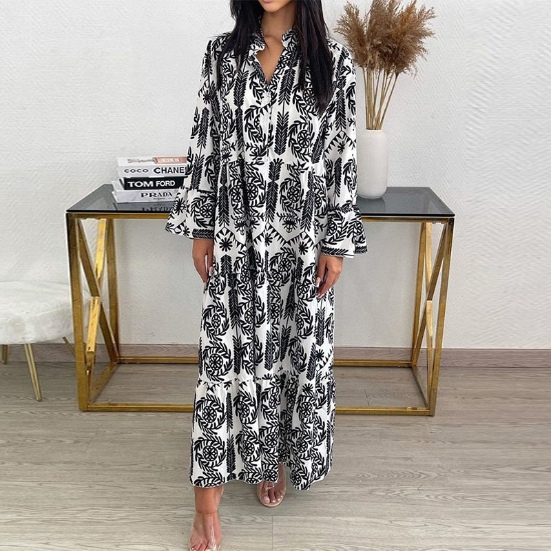 Women's Maxi Dress  Elegant Casual Art Retro Print Long Sleeve V-Neck Loose dress