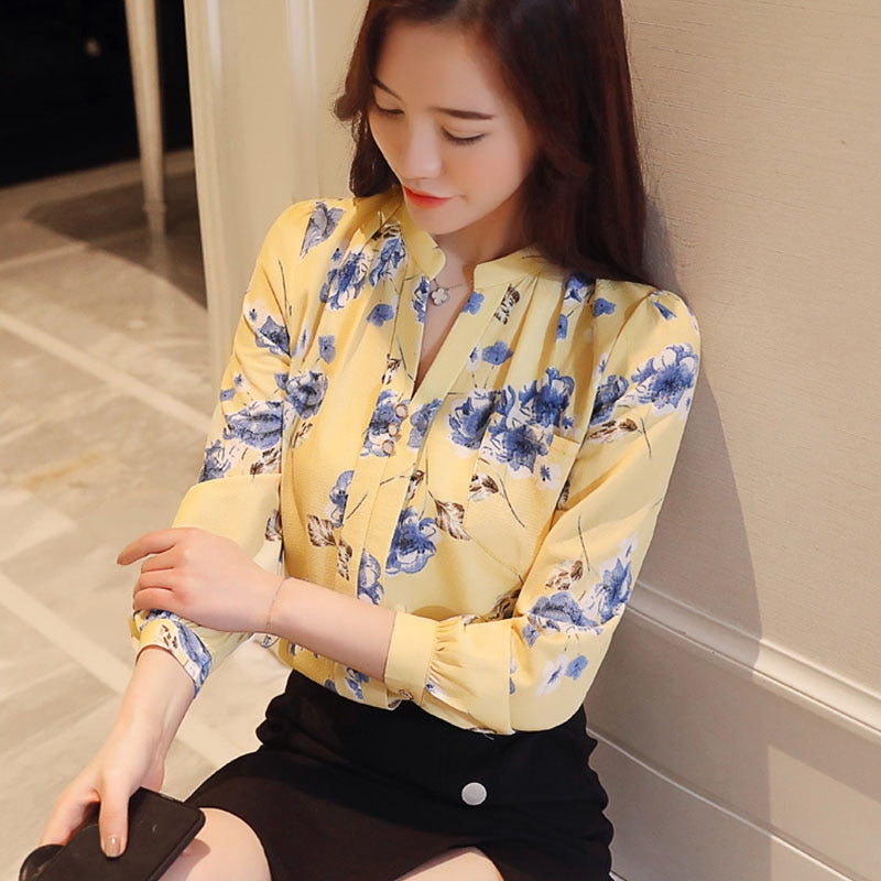 Long Sleeve Chiffon Blouse Print Floral Fashion Shirts for Women