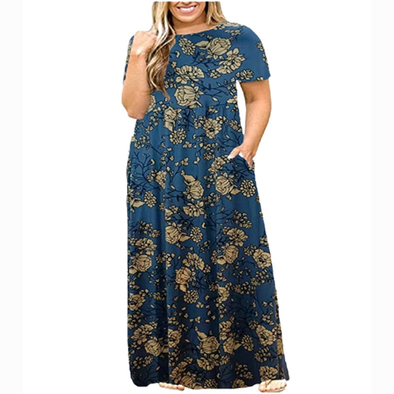 Big size short sleeve print long dress for women