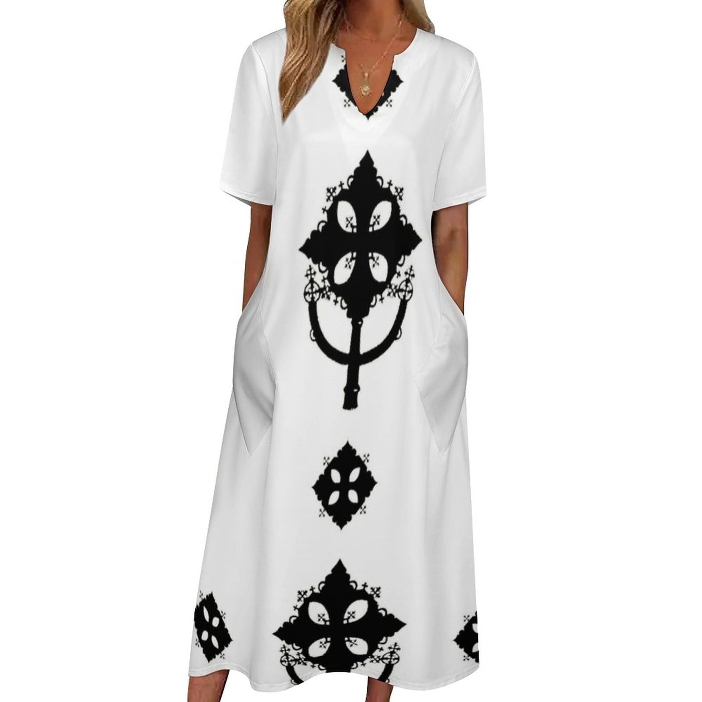 Ethiopian Cross Black Square Neck Loose Print Elegant Christian Dresses for women