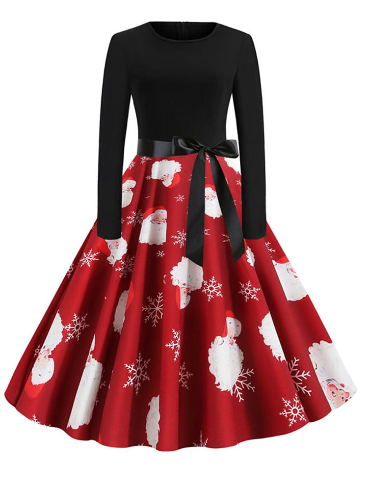 Elegant Christmas Dresses Vintage Robe Swing Long Sleeve Casual Print dress for womenk