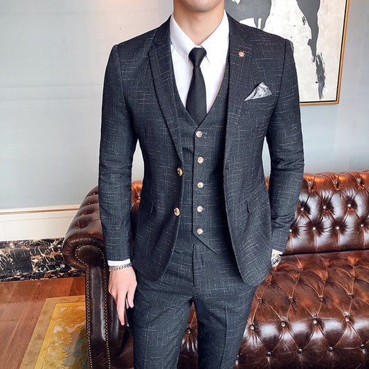 Three pieces set ( Blazer + Vest + Pants ) Elegant Suit  Dark Plaid Classic Retro Men's Formal Business Wedding Dress