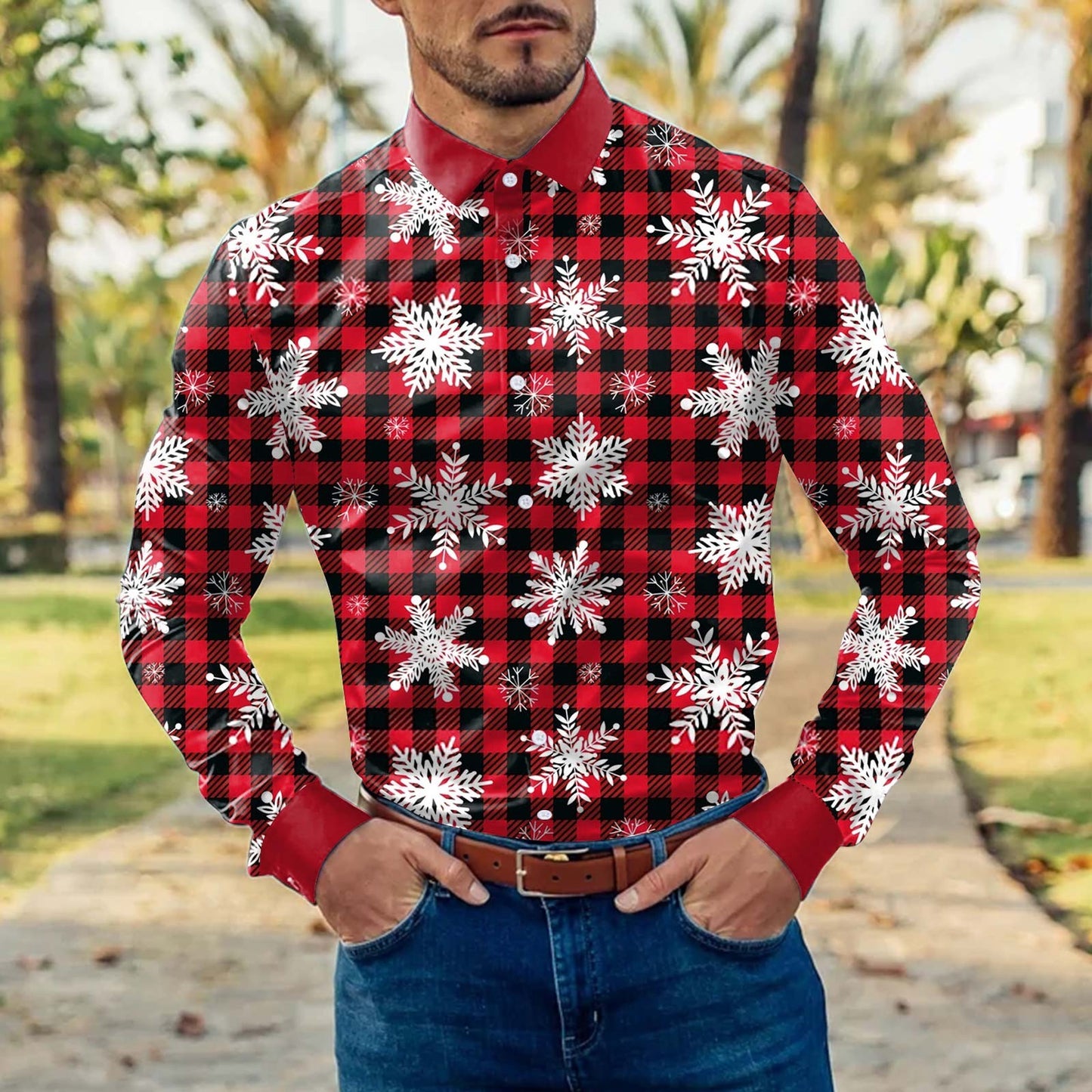 Men's Christmas Shirt Reindeer Dress Long-sleeved Business Casual Plus Size Shirt