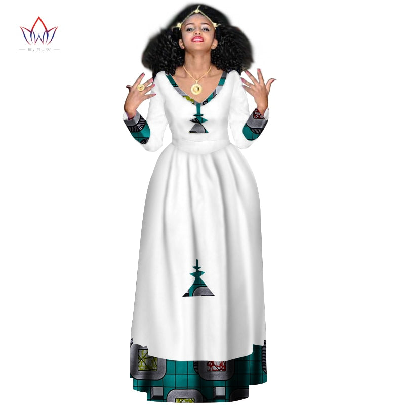 Women Elegant Dress Africa Style Full Sleeve Outfits  V-neck robe Ethiopia Long evening dress