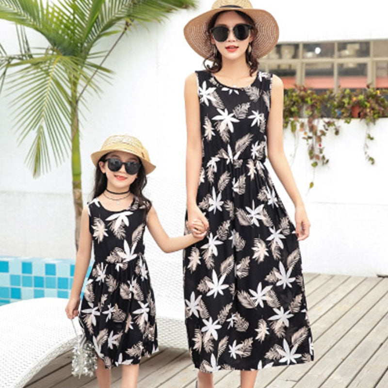 Family Matching Floral Sleeveless Mother Daughter Beach Dress