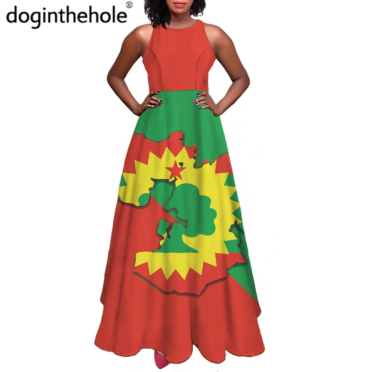 Oromo Flag Printed Long Sleeveless O-neck Party Dresses for Women