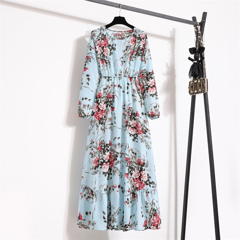 Women Maxi Dresses Casual Full Sleeve Floral Printed O-neck Woman Bohe  Long Dress