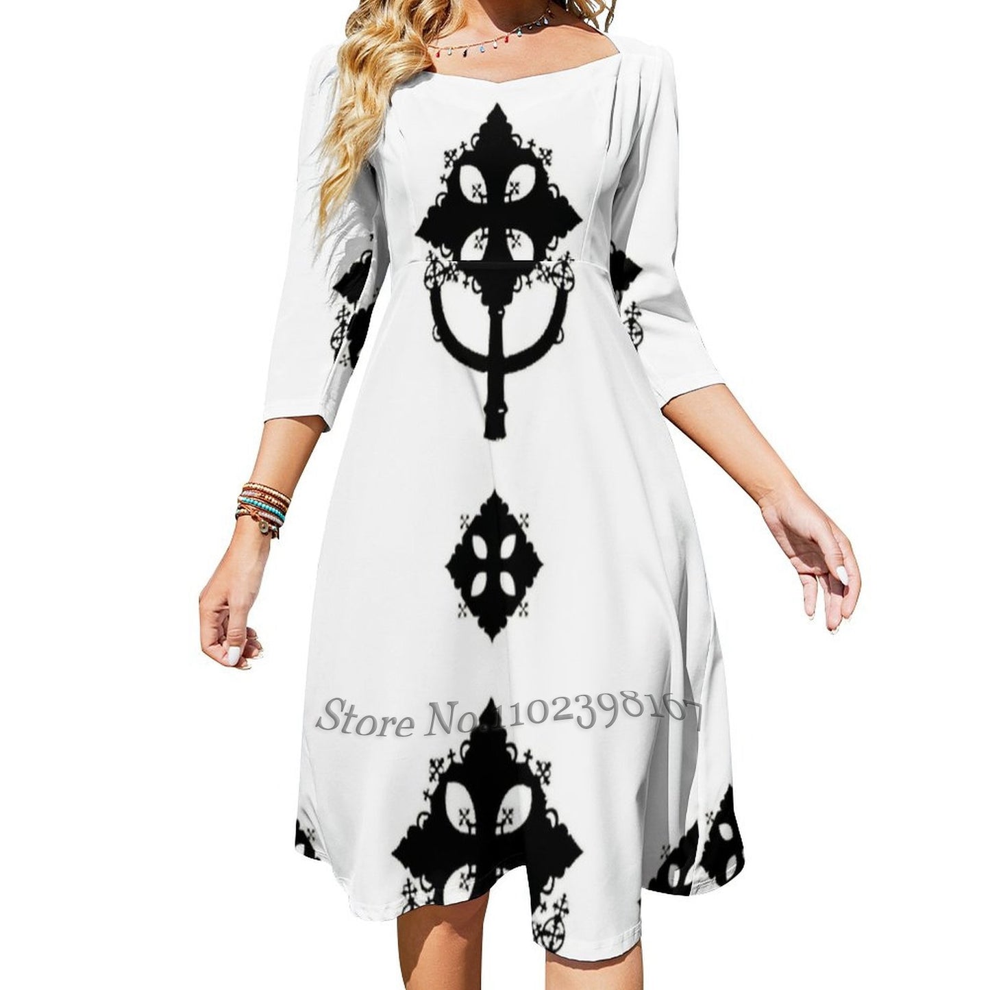 Ethiopian Cross Black Square Neck Loose Print Elegant Christian Dresses for women