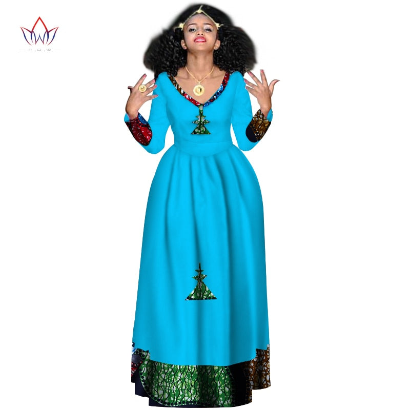 Women Elegant Dress Africa Style Full Sleeve Outfits  V-neck robe Ethiopia Long evening dress