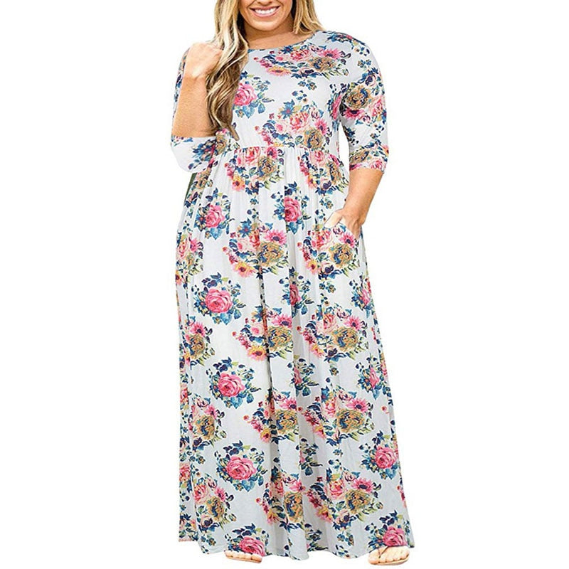 Big size short sleeve print long dress for women