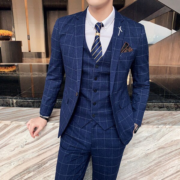 Three pieces set ( Blazer + Vest + Pants ) Elegant Suit  Dark Plaid Classic Retro Men's Formal Business Wedding Dress