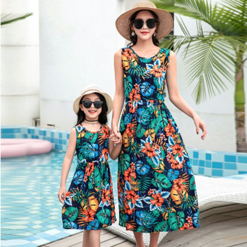 Family Matching Floral Sleeveless Mother Daughter Beach Dress