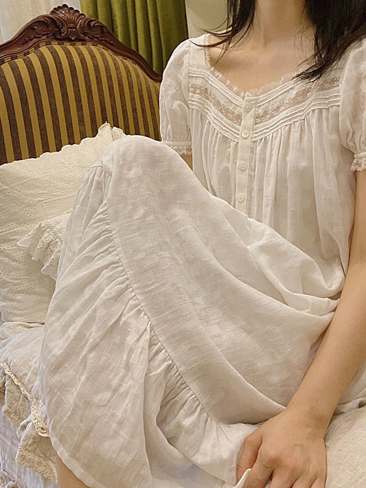 Women Pure Cotton Ruffles Vintage Nightgown Robe Lace Fairy Short Sleeve Victorian Night Dress