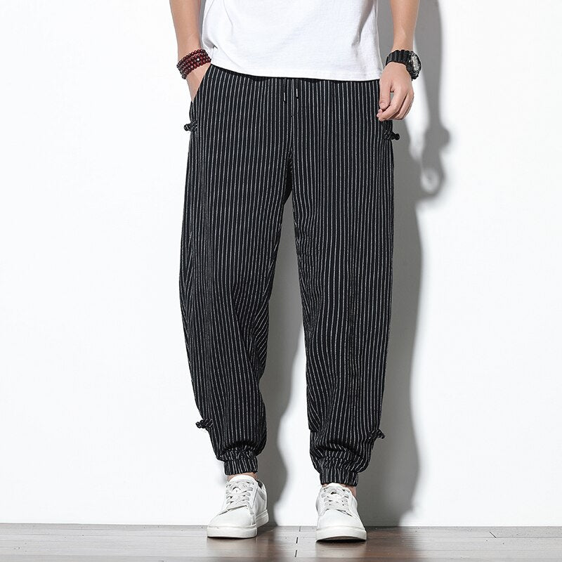 Men's Disc Buckle Striped Harem Breathable Cotton Pencil Pants