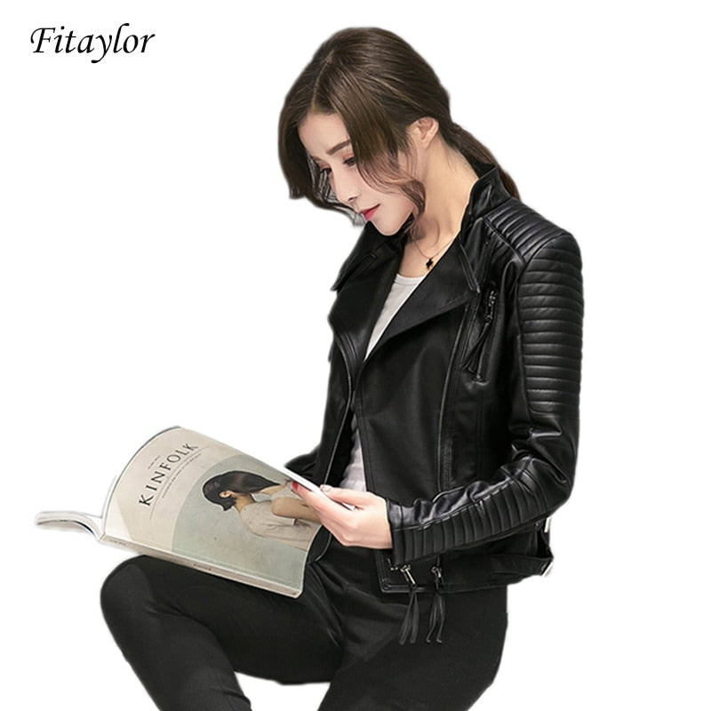 Women's Spring Autumn PU Leather Jacket Casual Slim Soft Moto Jacket Biker  Leather Coat for  Women