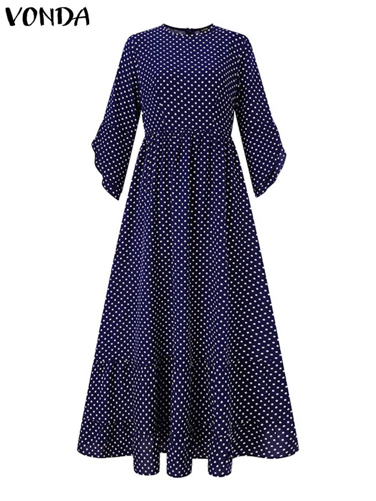 Bohemian Ruffled Maxi Dress Women Elegant  O- Neck Polka Dot 3/4 Sleeve Casual dress