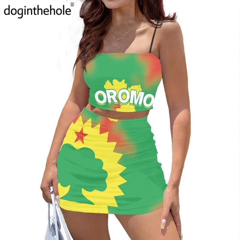 Women's Bodycon Dress Set Oromo Flag Printed Ladies Mini Skirt  Crop Top Casual Short Dress for women