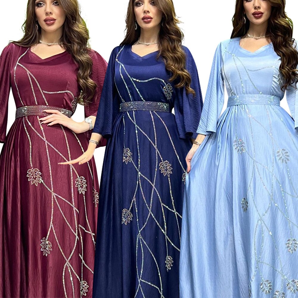 Luxurious Diamonds Women Dubai Abaya Flare Sleeves Leaf Pattern V- Neck  Muslim Fashion Robe Middle East Evening Dress