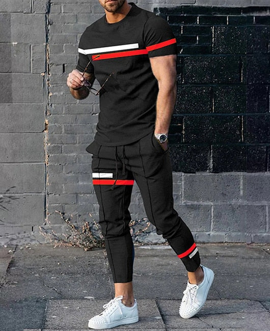 Men's Trousers Tracksuit 2 Piece Set Fashion Sportswear Summer Streetwear Short Sleeve T- Shirt+Long Pants