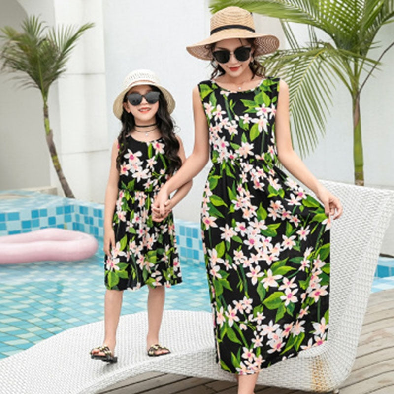 Family Matching Floral Sleeveless Mother Daughter Beach Dress