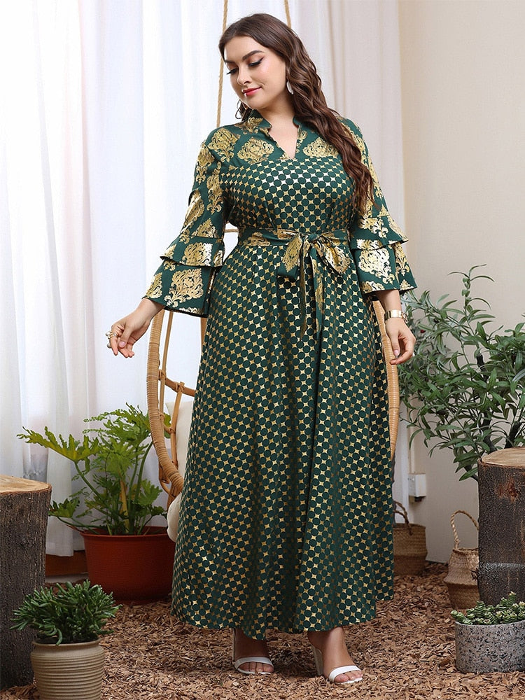 Women Plus Size Elegant Dresses Long Sleeve Big Large Loose Luxury Green Printing Dress