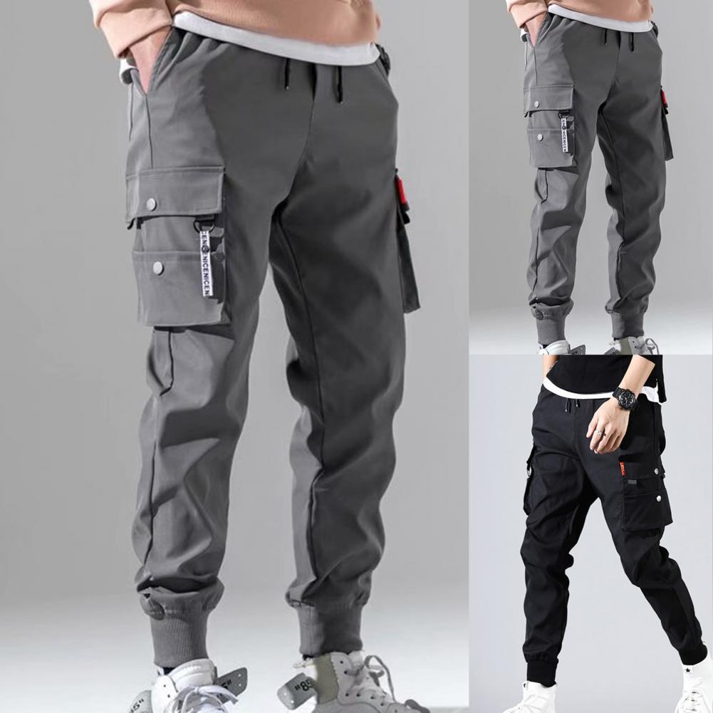 Hip Hop Harem Joggers, Solid Multi-pocket Cargo Sweatpants for Men