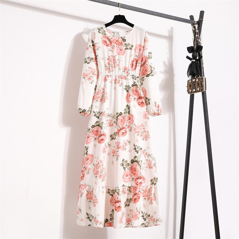 Women Maxi Dresses Casual Full Sleeve Floral Printed O-neck Woman Bohe  Long Dress