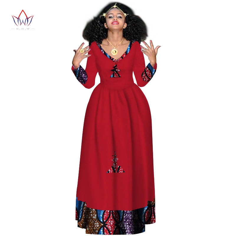 Women Elegant Dress Africa Style Full Sleeve Outfits  V-neck robe Ethiopia Long evening dress