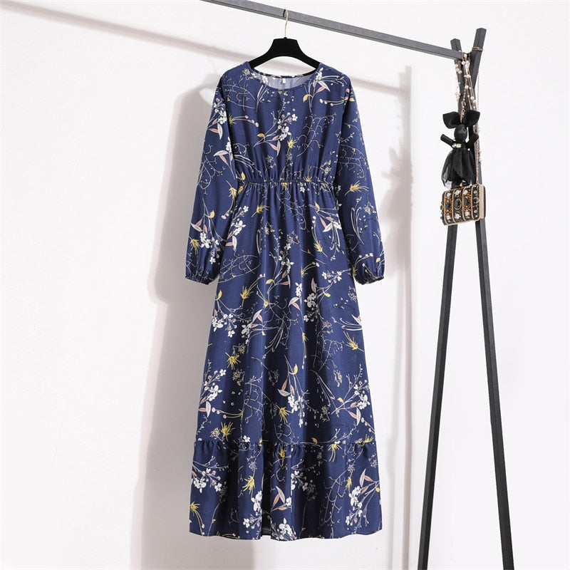 Women Maxi Dresses Casual Full Sleeve Floral Printed O-neck Woman Bohe  Long Dress