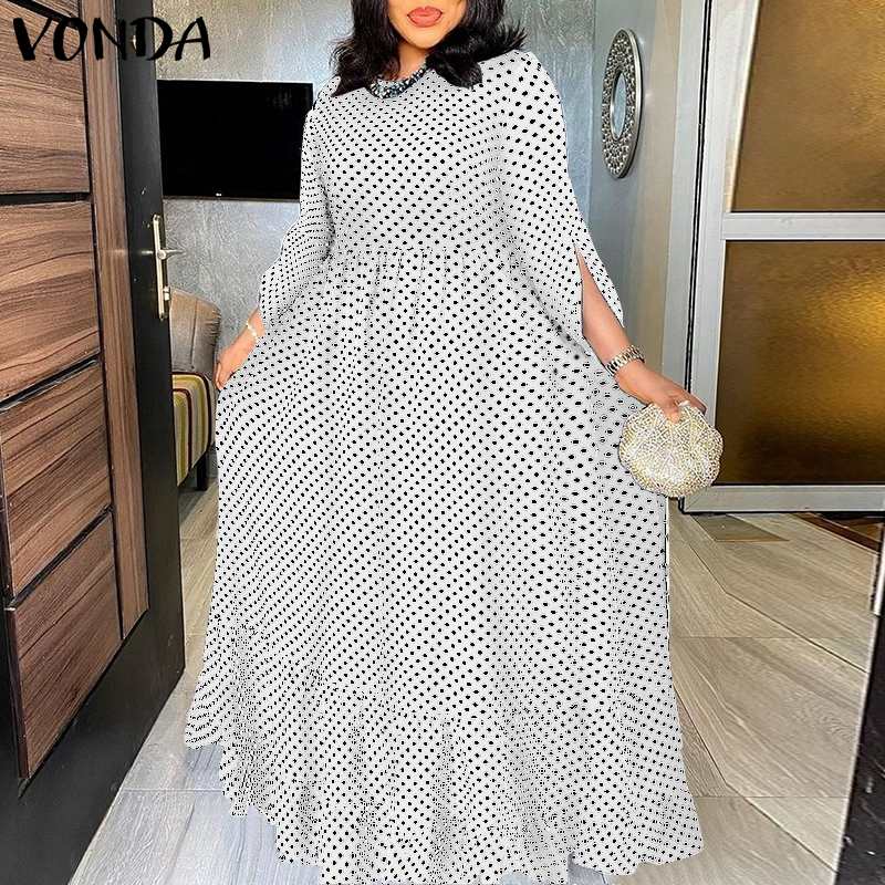 Bohemian Ruffled Maxi Dress Women Elegant  O- Neck Polka Dot 3/4 Sleeve Casual dress