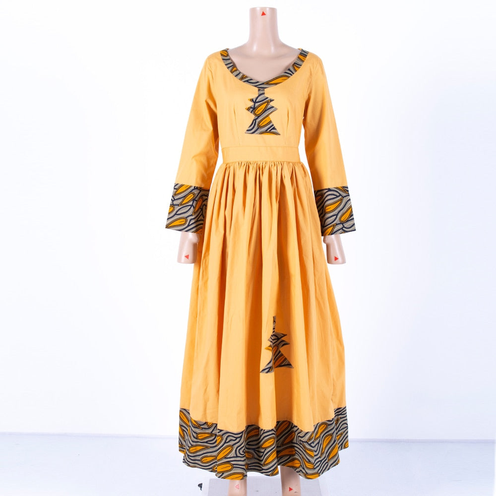 Women Elegant Dress Africa Style Full Sleeve Outfits  V-neck robe Ethiopia Long evening dress