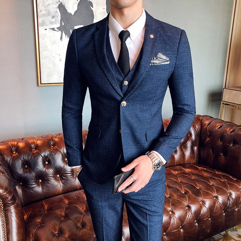 Three pieces set ( Blazer + Vest + Pants ) Elegant Suit  Dark Plaid Classic Retro Men's Formal Business Wedding Dress